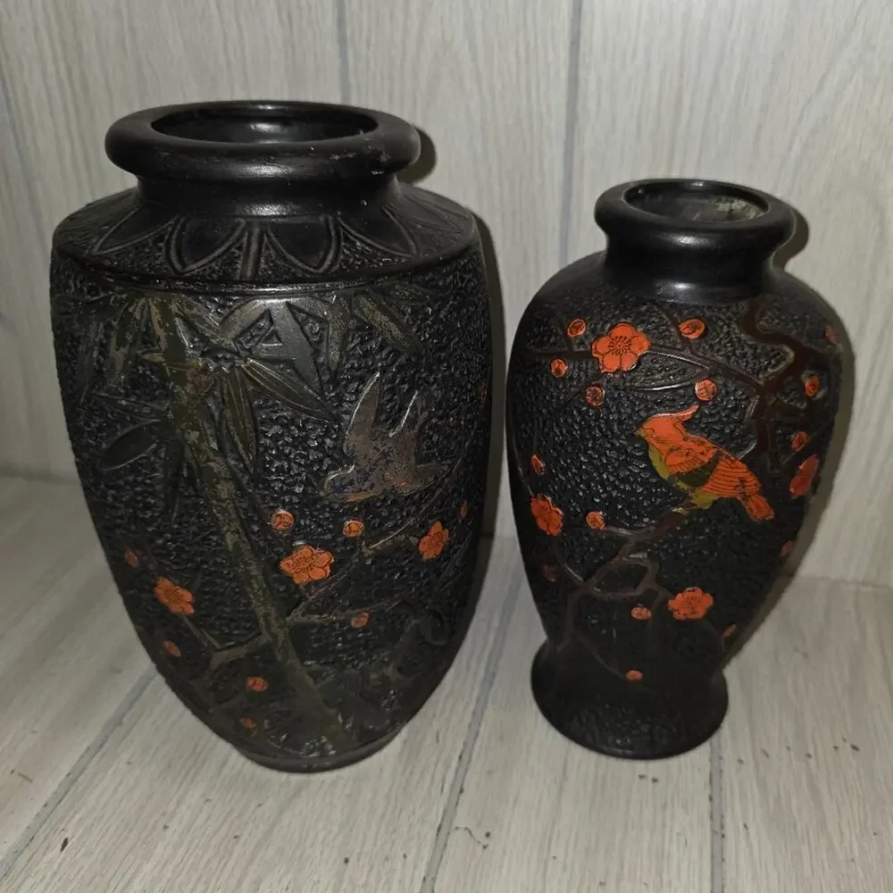 Vtg Early 20th Cetury Japanese Vases Tokanabe Ware Black Pottery Birds Japan